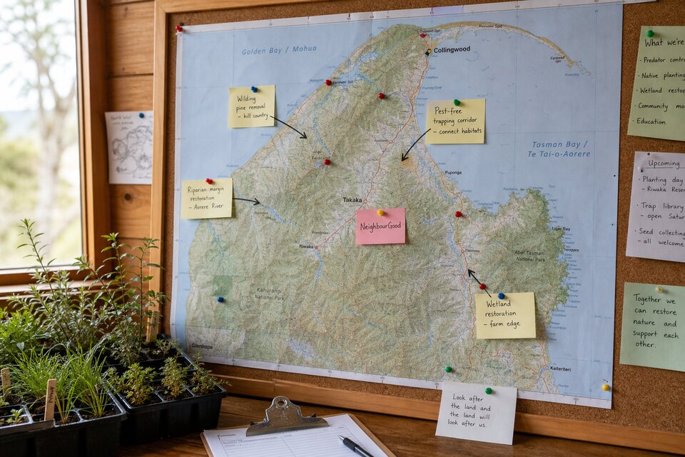 Community map of Golden Bay marked with example NeighbourGood restoration work areas — riparian margins, wilding pines, trapping corridors, and the village nursery hub