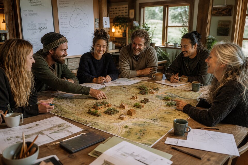 NeighbourGood planners around a table, moving model tiny houses and sheds on a site map like a board game — testing village layout before committing to land