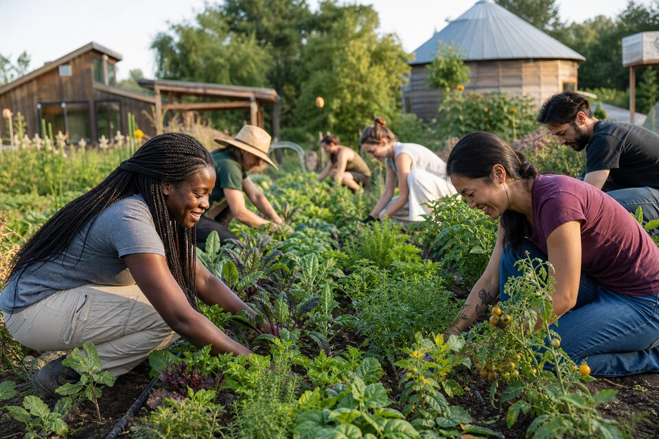 People working together in mixed vegetable rows at the community garden