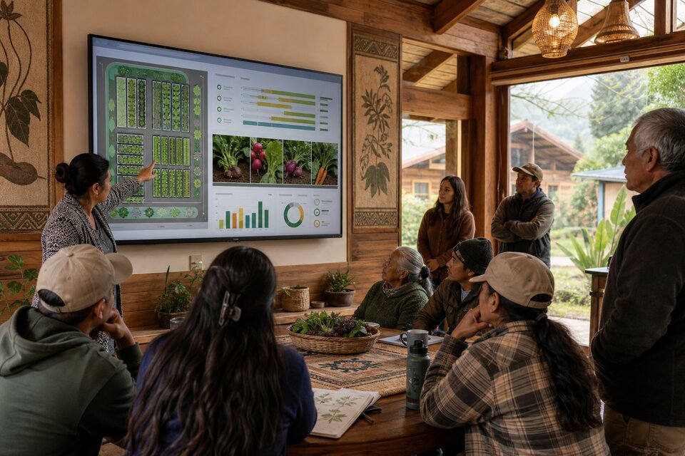Village common house wall screen showing garden layouts and production